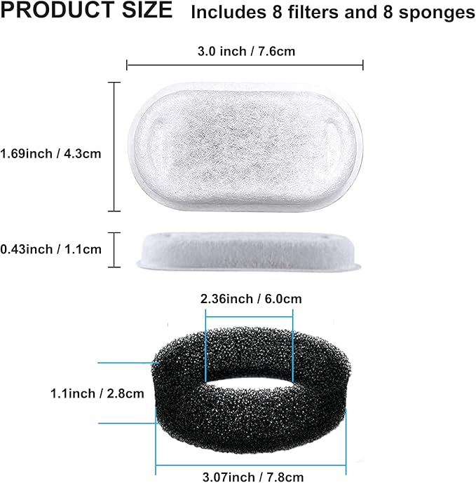 8 Pack Filters+8 Sponges for Stainless Steel Pet Fountain Compatible with Tomxcute 108oz/3.2L with GIOTOHU 67oz/2L with SOOFPET 108oz/3.2L Cat Water Fountain Filters NEUCOMBBT
