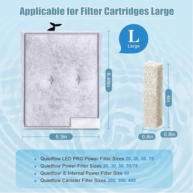 12pcs Large Filters Cartridges+8pcs Ammonia Reducer Filter Pads for Aqueon QuietFlow Power Size 20/30/50/75 & E Internal Power Size 40 & Canister Filter Size 200/300/400 & Zilla Large
