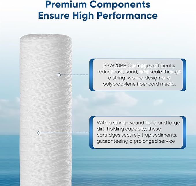 PUREPLUS 5 Micron 4.5" x 20" Whole House String Wound Sediment Filter for Well Water, Replacement Cartridge for Pentair Pentek WP5BB20P/WP25BB20P, Hydronix SWC-45-2005, SpiroPure SP-WP5-20BB, 4Pack