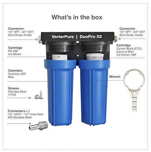 VP6 Mini UV-C LED Water Filter Purifier Reduce up to 99.99% of Contaminants Smart On/Off Switch 12V DC, DuoPro X2 Two-Stage RV Water Filter System Big Flow Reduce Sediment, Chlorine, Odor, Heavy Duty