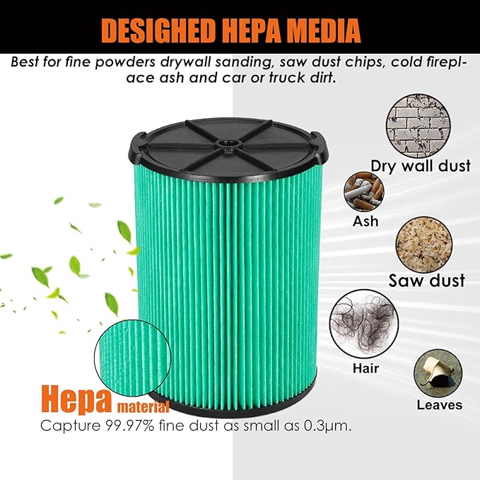 VF6000 Replacement Filter for Ridgid Shop Vacuums 5-20 Gallon, Universal VF6000 Filter Fits Rigid Wet Dry Vac/Husky Shop Vacuum Filter 6-9 Gallon with Foam Sleeves- 2 Pack - AquaVibe