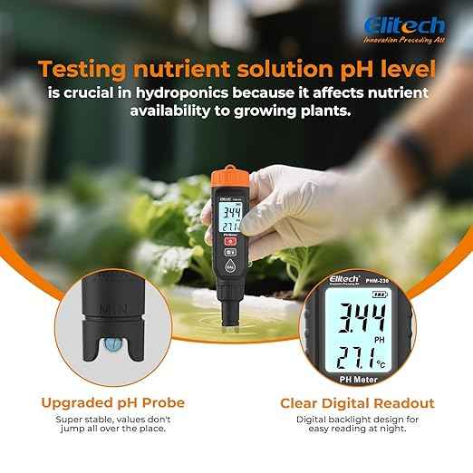 Elitech Professional pH Pen Meter - Digital Tester for pH & Temperature in Hydroponics, Growing Solutions with Full Calibration Kit for Plant Health, PHM-230