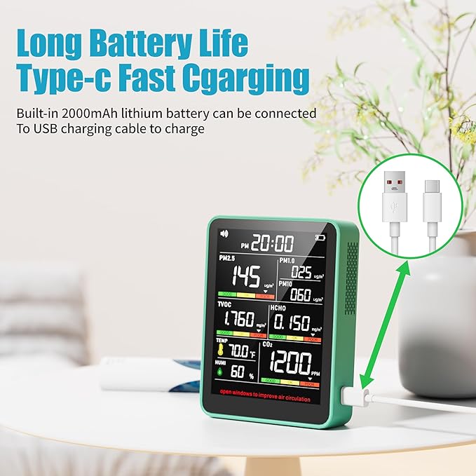 XOOPON 13-in-1 Indoor Air Quality Monitor with PM1.0/2.5/10, CO2, HCHO, TVOC, Temp, Humidity & Time, 4 Alarm Modes, Portable Air Quality Tester for Home, Office, Car, Wall-Mount or Desktop Use