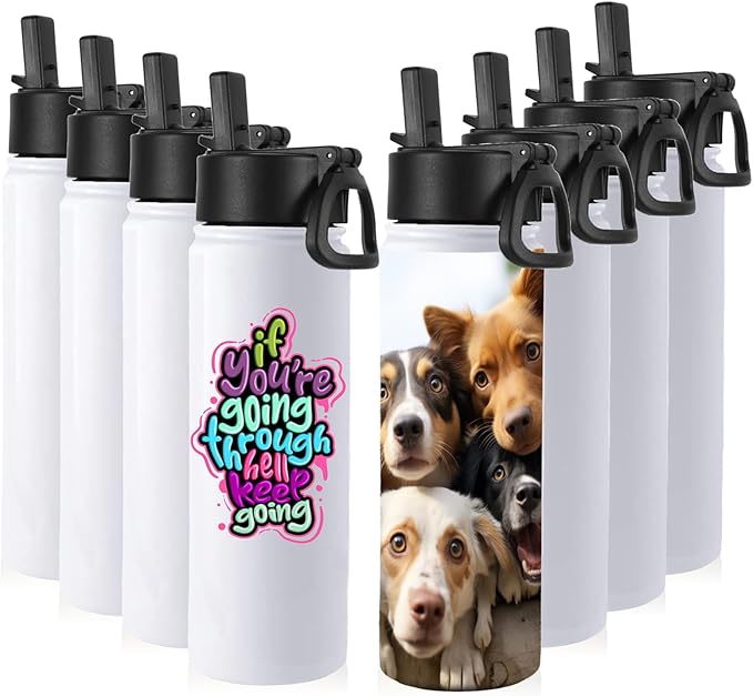 Volhoply Sublimation Insulated Water Bottles Blank Bulk 8 Pack, 22 oz Stainless Steel Sports Bottle with Straw, Double Walled Vacuum Metal Water Flask with Wide Mouth(Sublimation,8 Set)