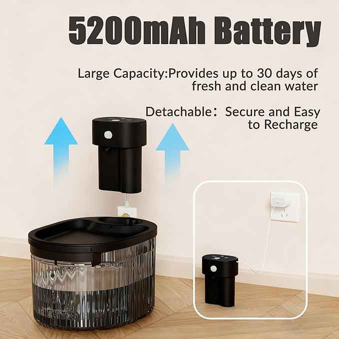 Wireless Cat Water Fountain with Motion Sensor, Automatic Cordless Quiet Pump Pet Fountain Battery Operated 102oz/3L Dog Water Bowl Dispenser with 3 Filters Black