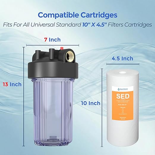 Whole House Water Filter Housing (WH-C10HD), 10" x 4.5" Sediment etc Filter Universal Housing, Pre-Filtration System for Well and City Water, 1" NPT Port, Pressure Release(Clear Housing)