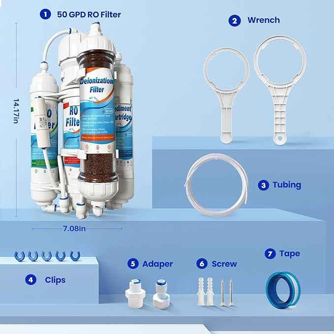 4 Stage Reverse Osmosis/Deionization Water Fliter System, 50 GPD Tankless Reverse Osmosis Water Filtration System for Aquarium with DI Water Filter