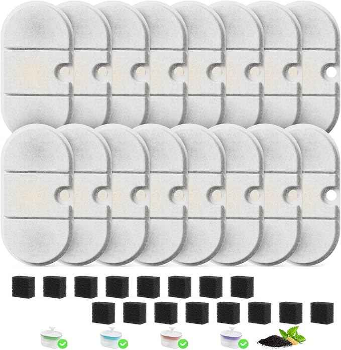 Cat and Dog Water Fountain Replacement Filters | 16 Filters + 16 Sponges | Fits PETLIBRO PLWF002 71oz/2.1L Capsule Fountain | Ultra-Quiet Dual Flow BPA-Free Pet Dispenser Parts, 32 Pack
