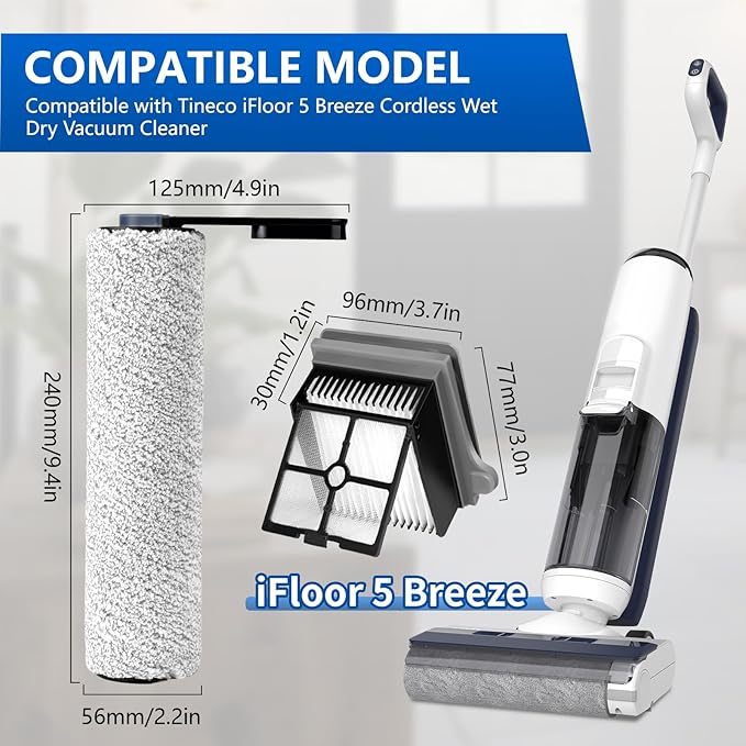 Roller Brush and Filters Replacement Compatible with Tineco iFLOOR 5 Breeze Cordless Vacuum Cleaner,Replacement Parts Include 2 Brush Rollers, 4 Vac Filters - AquaVibe