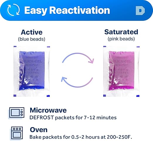 Dry & Dry 5 Gram [50 Packets] Blue Indicating(Blue to Pink) Silica Gel Packets Desiccants Silica Gel Packets - Rechargeable Silica Packets, Silica Gel, Silica Gel Packs