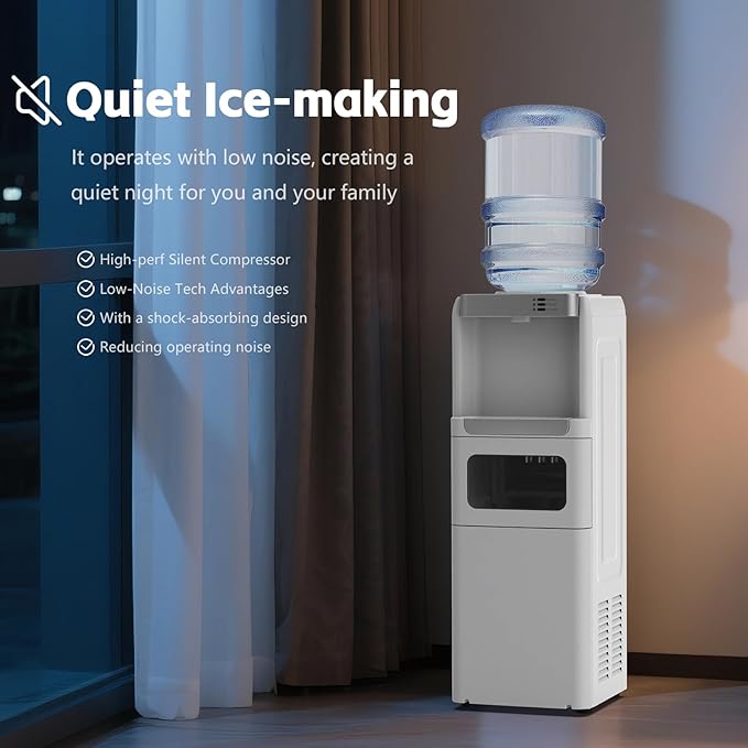 4 in 1 Water Cooler Dispenser with Ice Maker, Hot & Cold Water Dispenser for Home & Office, 33lbs/24H Bullet Ice, Top Loading 3-5 Gallon, Child Safety Lock, Ice Ready in 7 Min (White)