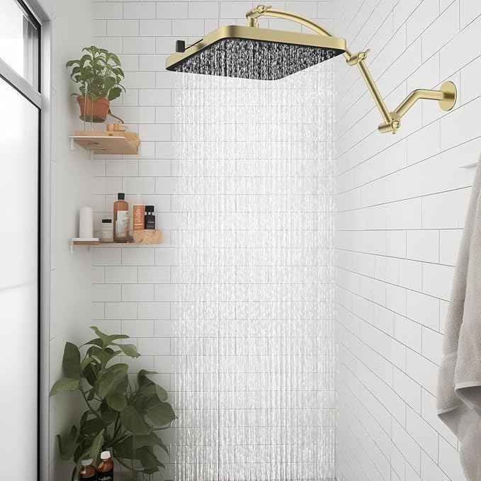 Hibbent Rain Shower Head, 13'' High Pressure Rainfall Square 5 Spray Mode Showerhead with 16" Shower Head Extension Arm, Solid Brass Adjustable Shower Arm Extender, Brushed Gold