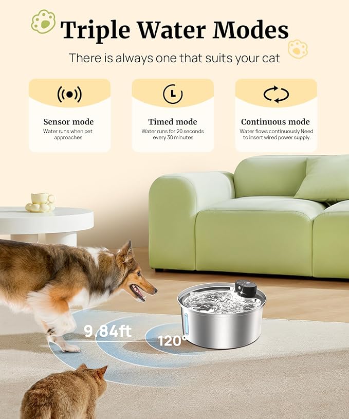 7L Wireless Dog Water Fountain, 6000mAh Battery Operated Stainless Steel Pet Water Dispenser for Large Dogs, Cordless Motion Sensor Water Bowl with Auto Shut-Off, Outdoor/Indoor, Easy-to-Clean