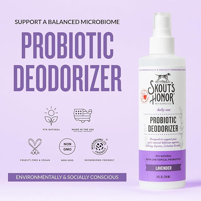 SKOUT'S HONOR Pet Probiotic Deodorizer Spray- Hydrating Daily-Use with Avocado Oil & Omega-3s, Microbiome Friendly Certified, Paraben & Sulfate-Free, 97% Natural, 8oz, Lavender, 2-Pack - AquaVibe