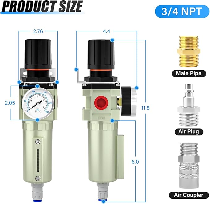 3/4" NPT Heavy Duty Industrial Grade Air Compressor Moisture Filter, Auto Drain, Particulate Filter and Air Regulator For Plasma Cutter and Paint Spray - AquaVibe