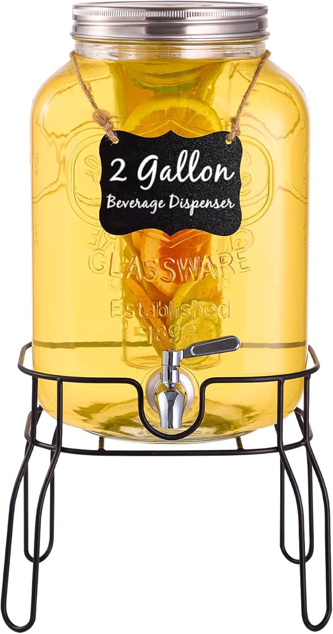 2 Gallon Glass Drink Dispensers for Parties, Beverage Dispenser with Stand, Fruit Infuser and Stainless Steel Spigot 100% Leakproof, Beverage Dispenser for Lemonade Sun Tea