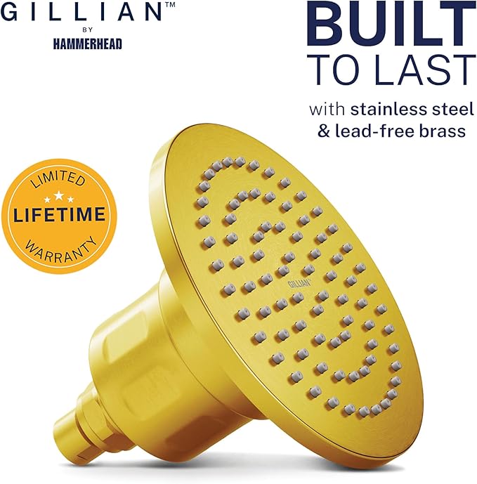 Gillian™ by HammerHead High Pressure Shower Head with Filter – Genuine KDF-55 Metal Hard Water Filtering Shower Head, Healthier Skin & Hair – 6-Inch Rainfall Shower Head with Filters, Brushed Gold