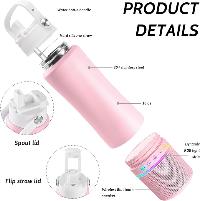 Water Bottle with Portable Bluetooth Speaker - Modular Insulated Water Bottles w/Handle, BT5.3, TWS Pairing Speaker and Stainless Steel Cups for Camping Sports Beach (Pink)