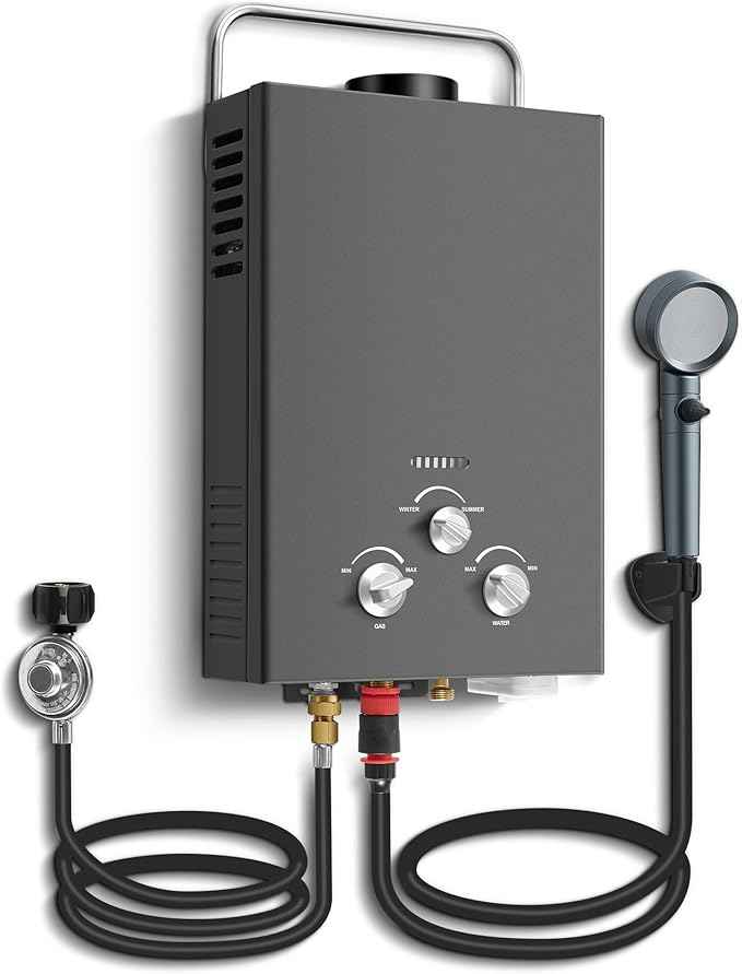 Outdoor Tankless Propane Water Heater 1.58GPM 6L Portable Gas Water Heater with Handle & Overheating Protection, Instant Hot Water for Camping RV Cabin Boat Barn - Black