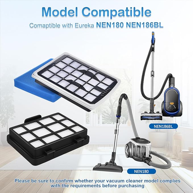 NEN186BL Filter Replacement Compatible with Eureka NEN180 NEN186BL Bagless Canister Vacuum Cleaner, Replaces Part includes 2 HEPA Washable Filters and 2 Dust Cup Filters Element - AquaVibe