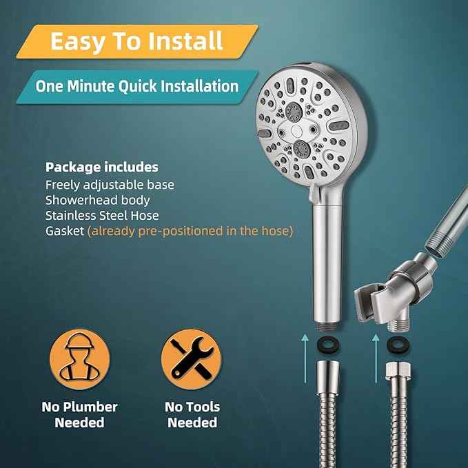 Cobbe Handheld Shower Head with Filter, High Pressure 9 Spray Mode Showerhead Built-in Power Wash with Hose, Bracket and Water Softener for Hard Water Remove Chlorine, Brushed Nickel