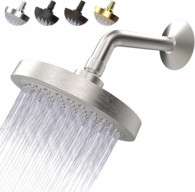 High Pressure Shower Head - Anti-Clogging Silicone Nozzles - 2.5 GPM Removable Restrictor - Easy to Clean Adjustable Replacement - easy to install with Plumbers Tape - 6 inch - Brushed Nickel Finish - AquaVibe