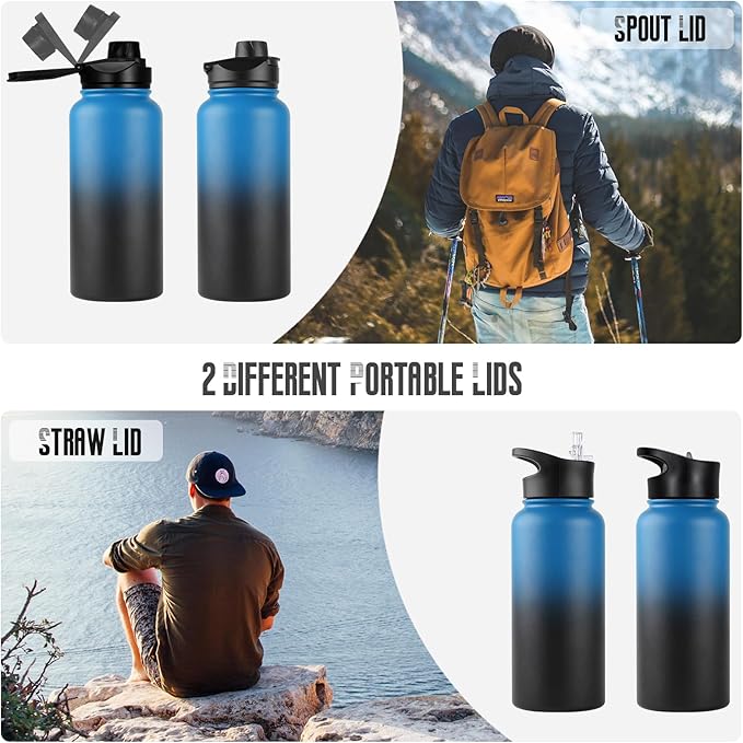32 Oz Insulated Water Bottle with Straw Lid & Wide Mouth Lids, Stainless Steel Sports Water Bottles, Double Walled Vacuum, Leak Proof, Blue Black Gradient