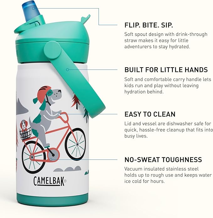 CamelBak Thrive Flip Straw Kids Bite Valve Stainless Steel Water Bottle Biking Dogs, 12oz