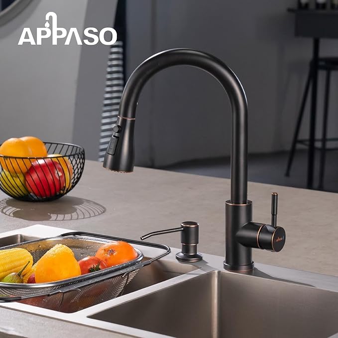 APPASO Oil Rubbed Bronze Kitchen Faucet, S304 Stainless Steel Kitchen Faucets with Soap Dispenser and Pull Down Sprayer 3 Modes, High Arch Single Handle Sink Faucet Bronze