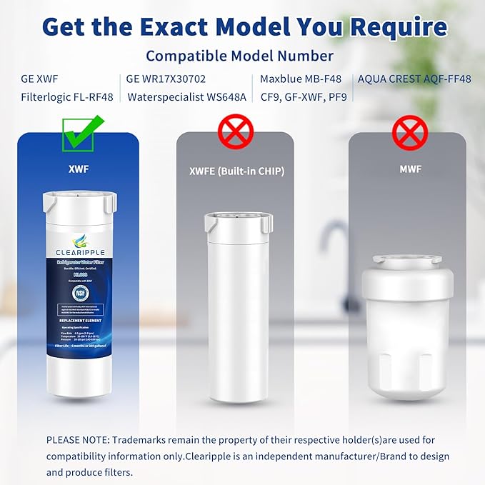3 Pack XWF Compatible with GE XWF (Not XWFE, NO Chips), GBE21, GDE21, GDE25, GFE24, NSF Certified Refrigerator Water Filter, 6 Month / 300 Gallon