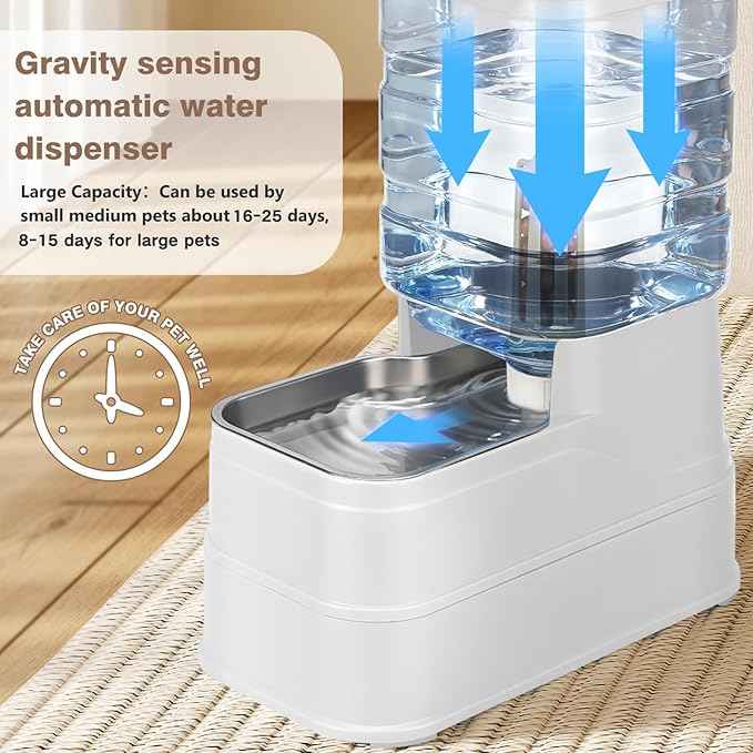 2.2 Gallon Pet Automatic Dog Water Dispenser Cat Gravity Waterer Feeder with Stainless Steel Bowl Large Capacity Puppy Feeding Raised Bowls with Filter,Ice Pack (White, 8L(2.2 Gallon))