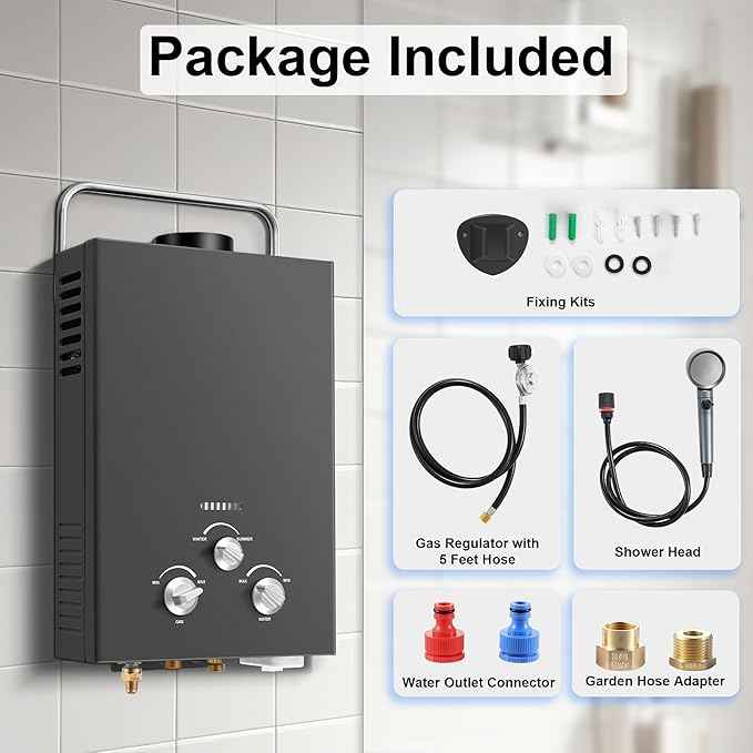 Outdoor Tankless Propane Water Heater 1.58GPM 6L Portable Gas Water Heater with Handle & Overheating Protection, Instant Hot Water for Camping RV Cabin Boat Barn - Black