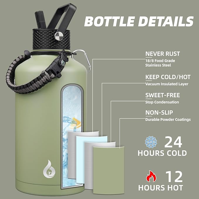 BJPKPK 2/3 Gallon Water Bottle with Straw Lid, 87oz Large, Stainless Steel Water Bottles with 3 Lids and Paracord Strap, Double Wall Vacuum Metal Water Jug, Camp Green