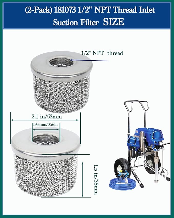 (2pack) 181073 Pump Inlet Strainer Filter 1/2" NPT Thread, Double-Layer Stainless Steel Compatible withGraco 350 EM,380 EM,390 EM, 400 EM, 480 EM, 490 EM,500, Super NOVA, Paint Sprayers - AquaVibe