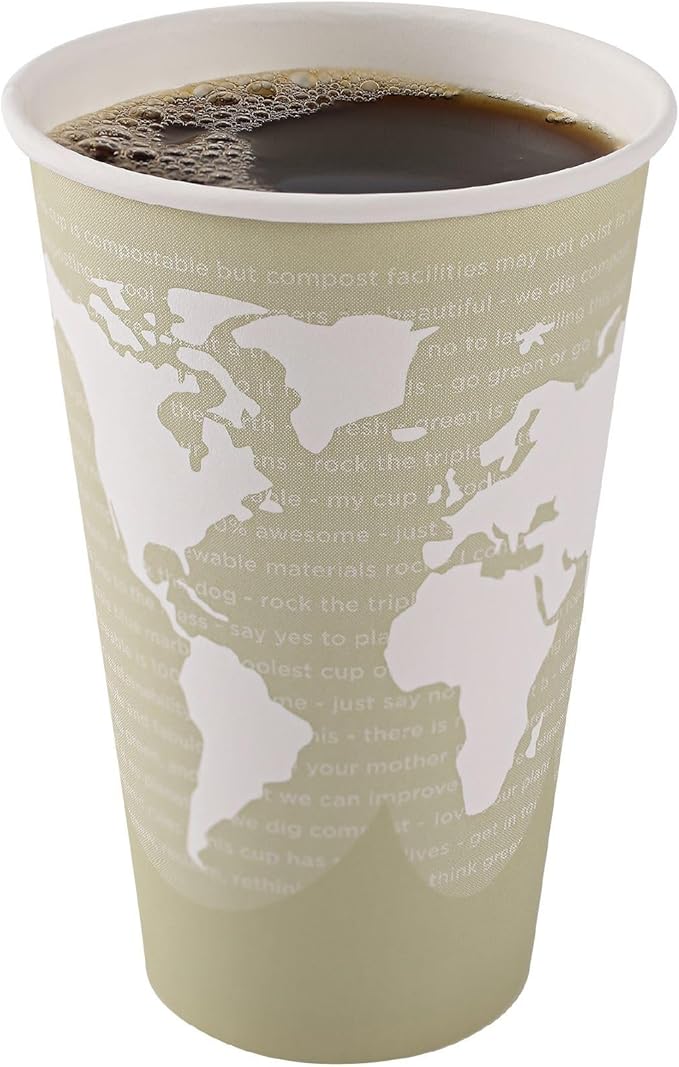 ECO PRODUCTS Compostable Disposable World Art 16oz Large Coffee Cups, Pack of 50, Renewable Hot Paper Cup, Plant Based PLA Lining, Color Coded