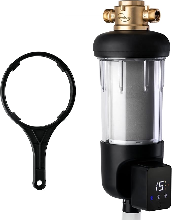 iSpring WSP500ARJ Spin-Down Sediment Water Filter, Upgraded Jumbo Size, Large Capacity, Reusable with Touch-Screen Auto Flushing Module, Brass Top Clear Housing, 500 Microns