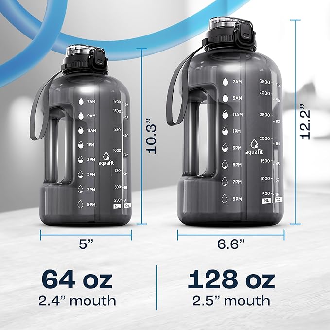AQUAFIT 1 Gallon Water Bottle with Time Marker - Straw & Chug Lid - BPA Free Gym Water Bottle with Straw - Big Gallon Jug (Midnight Black, 128 oz - 2in1 Lid)