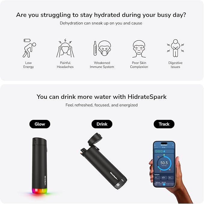 Hidrate Spark PRO Smart Water Bottle - Tracks Water Intake & Glows to Remind You to Stay Hydrated, Chug & Straw lid, 21oz (Black)