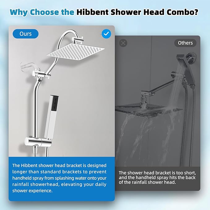 Hibbent cUPC Certified High Pressure 10'' Rainfall Shower Head, Showerhead Combo with 4-mode Handheld Spray, 12'' Adjustable Extension Arm, Extension Bar, Easy Reach Holder, 71'' Hose, Chrome