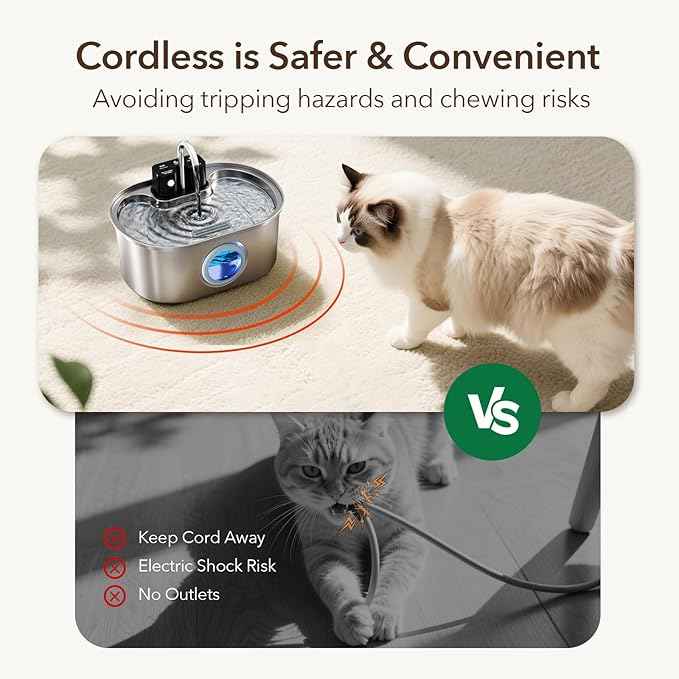 Cat Water Fountain Stainless Steel 108oz/3.2L:Battery Operated Wireless Cat Fountains for Drinking Indoor, Automatic Pet Water Dispenser with Ultra Quiet Pump,Multi-Filtration,Easy Clean BPA-Free