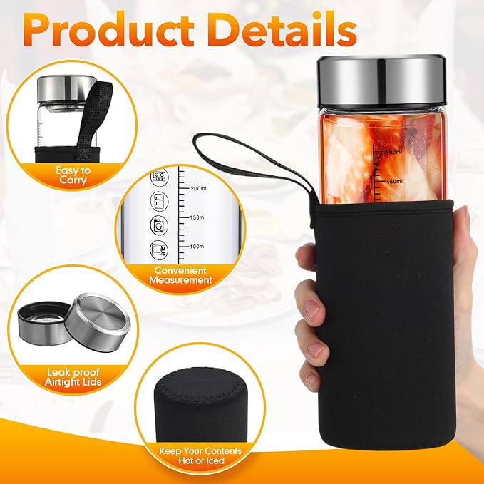 Vesici 6 Pack Wide Mouth Glass Juice Bottles Glass Water Bottles with Lids and Sleeve for Juicing Smoothies Milk Protein Infused Water Reusable Leakproof Borosilicate Bottle (16 oz)