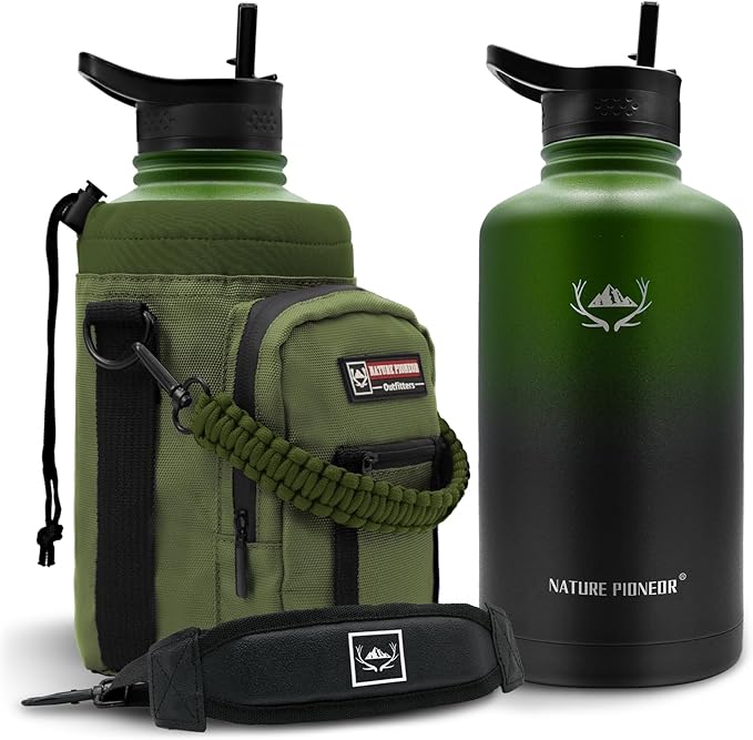 NATURE PIONEOR Insulated Water Bottles with Straw - 64oz Stainless Steel Vacuum Bottle with Holder/Carrier/Sleeve - Reusable 18/8 Food Grade Half Gallon Water Jug