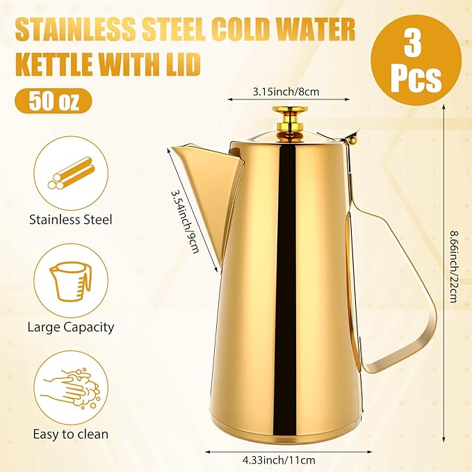 Honeydak 3 Pcs Stainless Steel Pitcher with Lid 1.5 Liter Stainless Steel Kettle Metal Cold Water Pitcher Large Capacity Tea Kettle Jug Beverage Dispenser Handle for Home Restaurant(Gold)