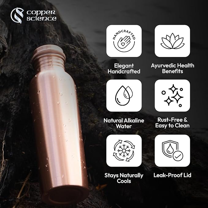 Pure Copper Water Bottle – 34Oz (1000 ml) – Handcrafted Smooth Finish Design, Leak-Proof – 100% Pure Copper Ayurvedic Metal Water Bottle for Benefits & Wellness