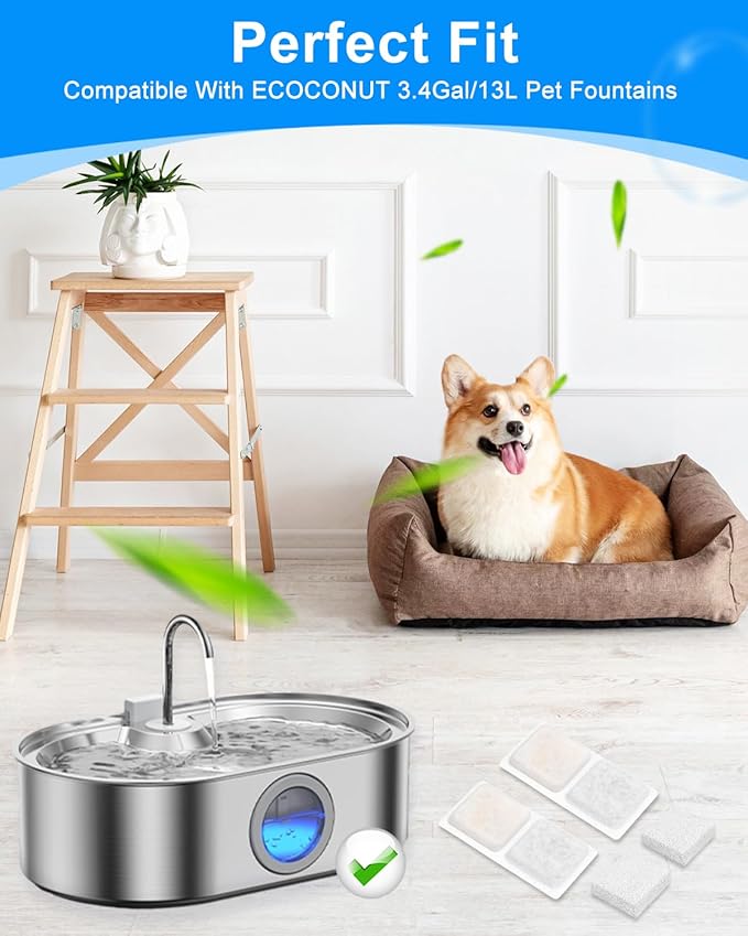 8+8 Pack Dog Water Fountain Filter for Large Dogs, Compatible with ECOCONUT 3.4Gal/13L Pet Fountains, Carbon Filters and Sponge for Pet Water Bowl, Stainless Steel Dog Fountain Filters