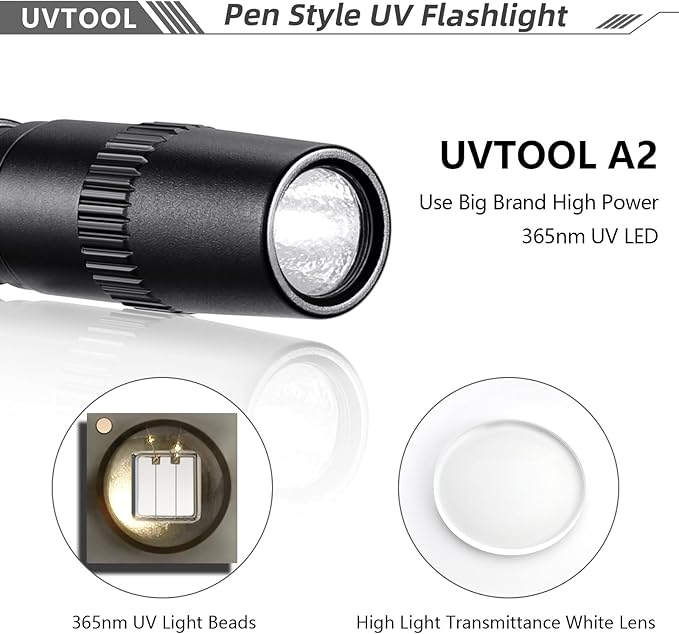 UVTOOL A2D Pen Blacklight 365nm UV Flashlight with Pen High Power Output, Pure Beam for UV Glue Curing Light, Rock and Mineral Fluorescent Glowing, Pet Urine Detector Light, AC Leak Detector