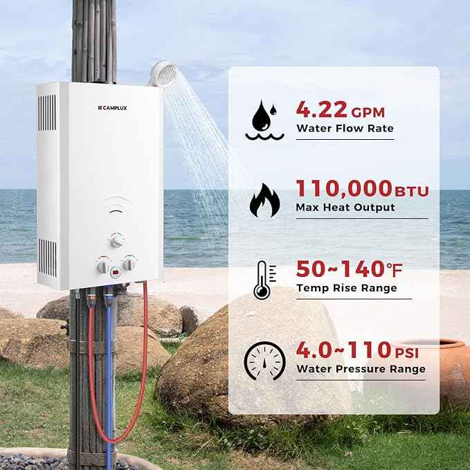 CAMPLUX Outdoor Tankless Water Heater Propane, 4.22 GPM Propane Tankless Water Heater, 16L Outdoor Water Heater for Camping, Remote Cabins, Tiny House & Mobile Home, 110,000 BTU, BW422
