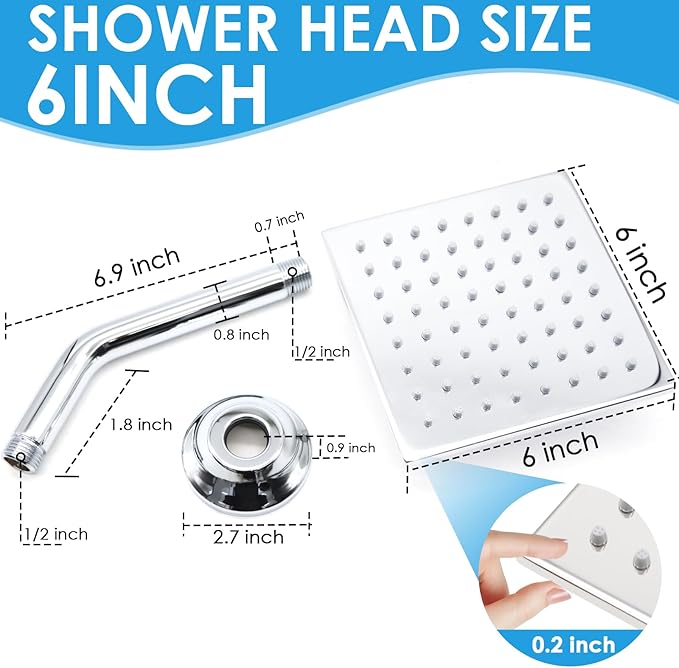6 Inch Square Shower Head Stainless Steel High Pressure Rain Shower Heads with Extension Arm Adjustable Angle Replacement Luxury Shower Head for Modern Bathroom (Square, Chrome)