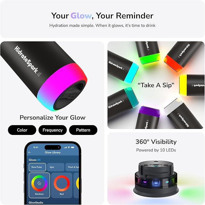 Hidrate Spark PRO Smart Water Bottle - Tracks Water Intake & Glows to Remind You to Stay Hydrated, Chug & Straw lid, 21oz (Brushed)