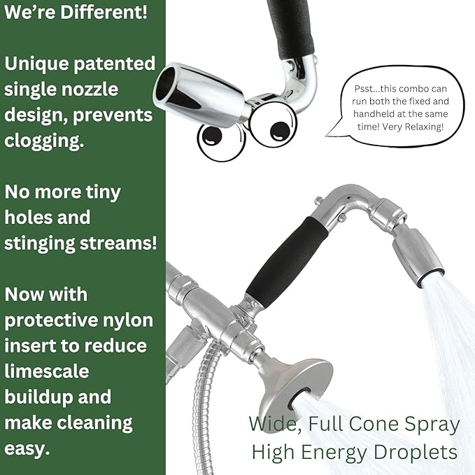 High Sierra® - Solid Lead-Free Metal 4-Way Combo HALF DOME® Fixed and Handheld Shower Head with Hose. Run Separately or Both at Full Flow - 1.8 GPM per Shower Head - Chrome Finish